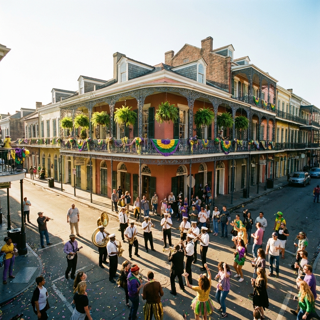 Festive New Orleans French Quarter street scene